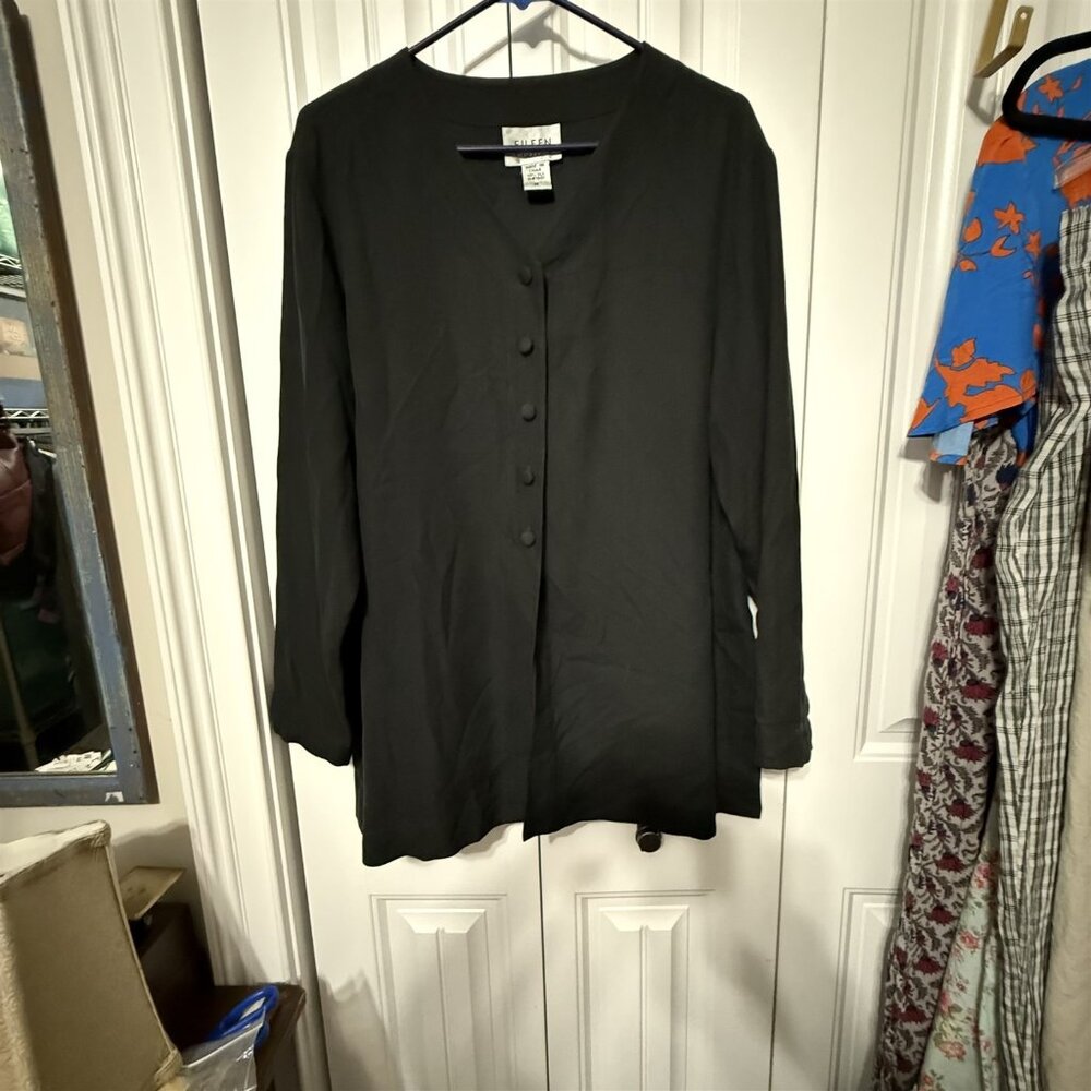 Eileen Fisher Black Silk Tunic Button Up Basic Minimalist Classic Top Medium